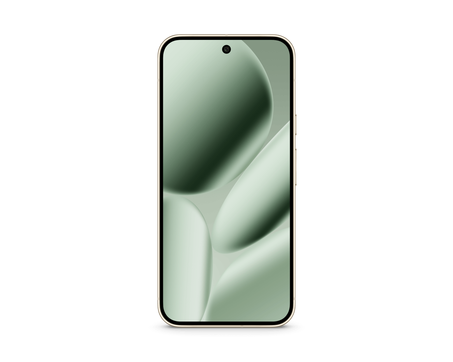 Mint green smartphone front with wavy display wallpaper and camera cutout.