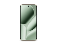 Mint green smartphone front with wavy display wallpaper and camera cutout.