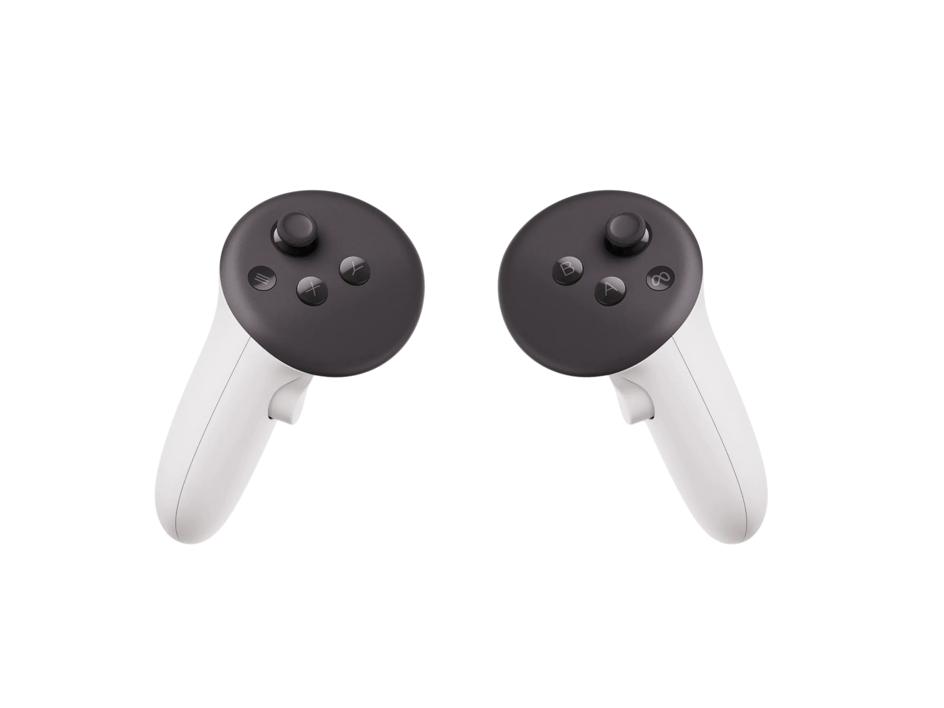 Two black VR controllers with white grips, front facing