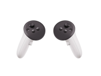 Two black VR controllers with white grips, front facing