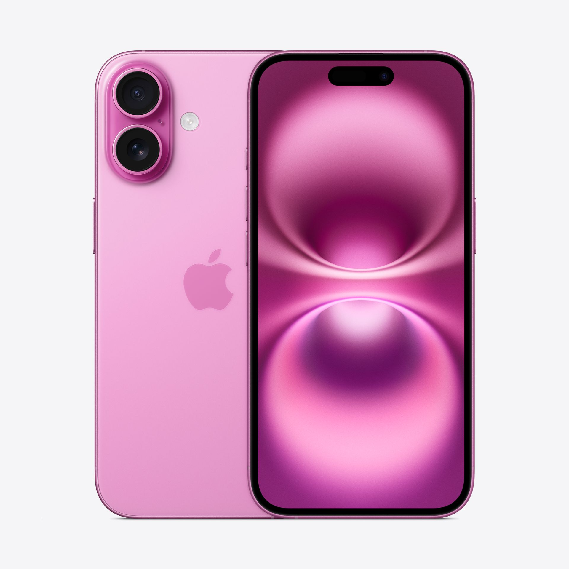 Pink smartphone with dual rear cameras, Apple logo, and front display