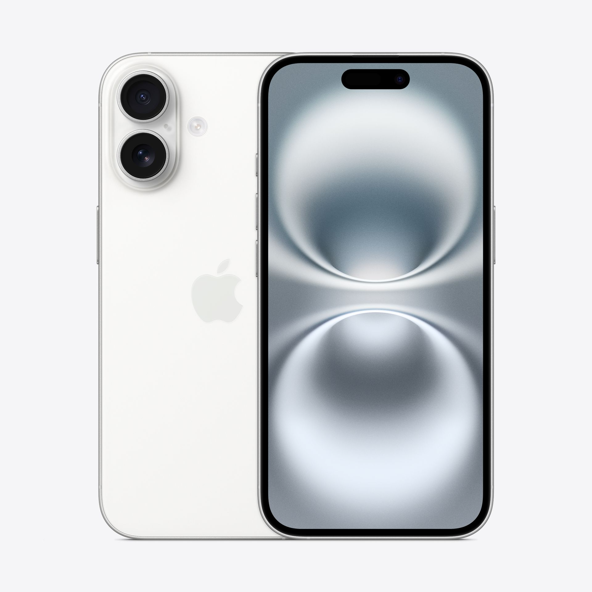 White smartphone with dual rear cameras, Apple logo, and front display