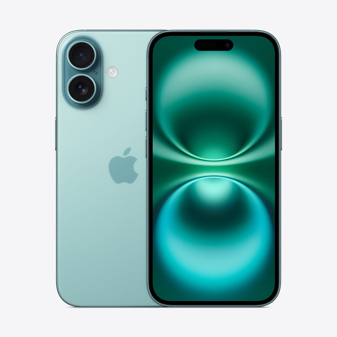 Teal smartphone with dual rear cameras, Apple logo, and front display