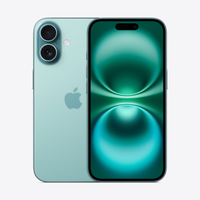 Teal smartphone with dual rear cameras, Apple logo, and front display