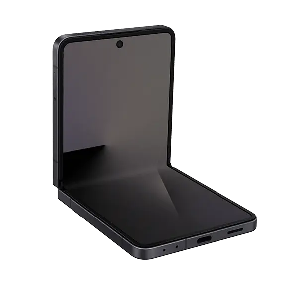 Jet Black foldable smartphone, open side view with front display visible
