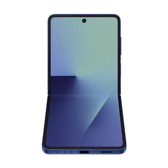 Light blue foldable smartphone, front screen and closed hinge area visible
