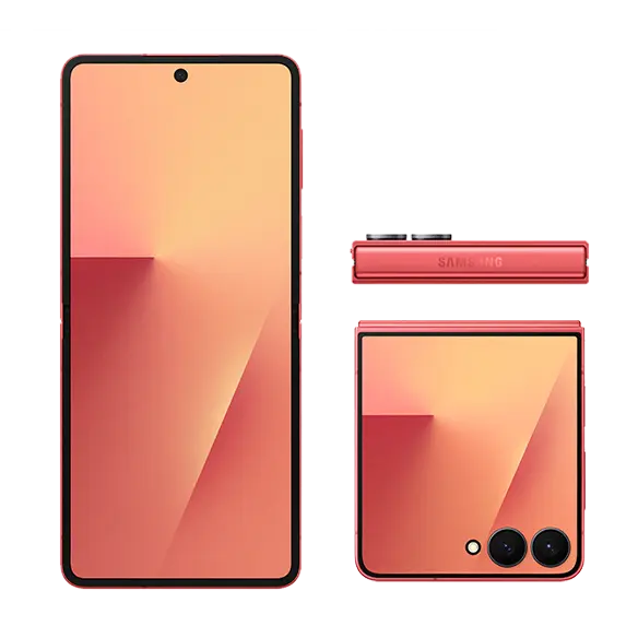 Coral Red foldable smartphone set, front, side, and rear views visible
