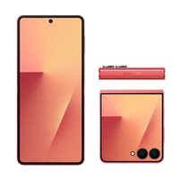 Coral Red foldable smartphone set, front, side, and rear views visible