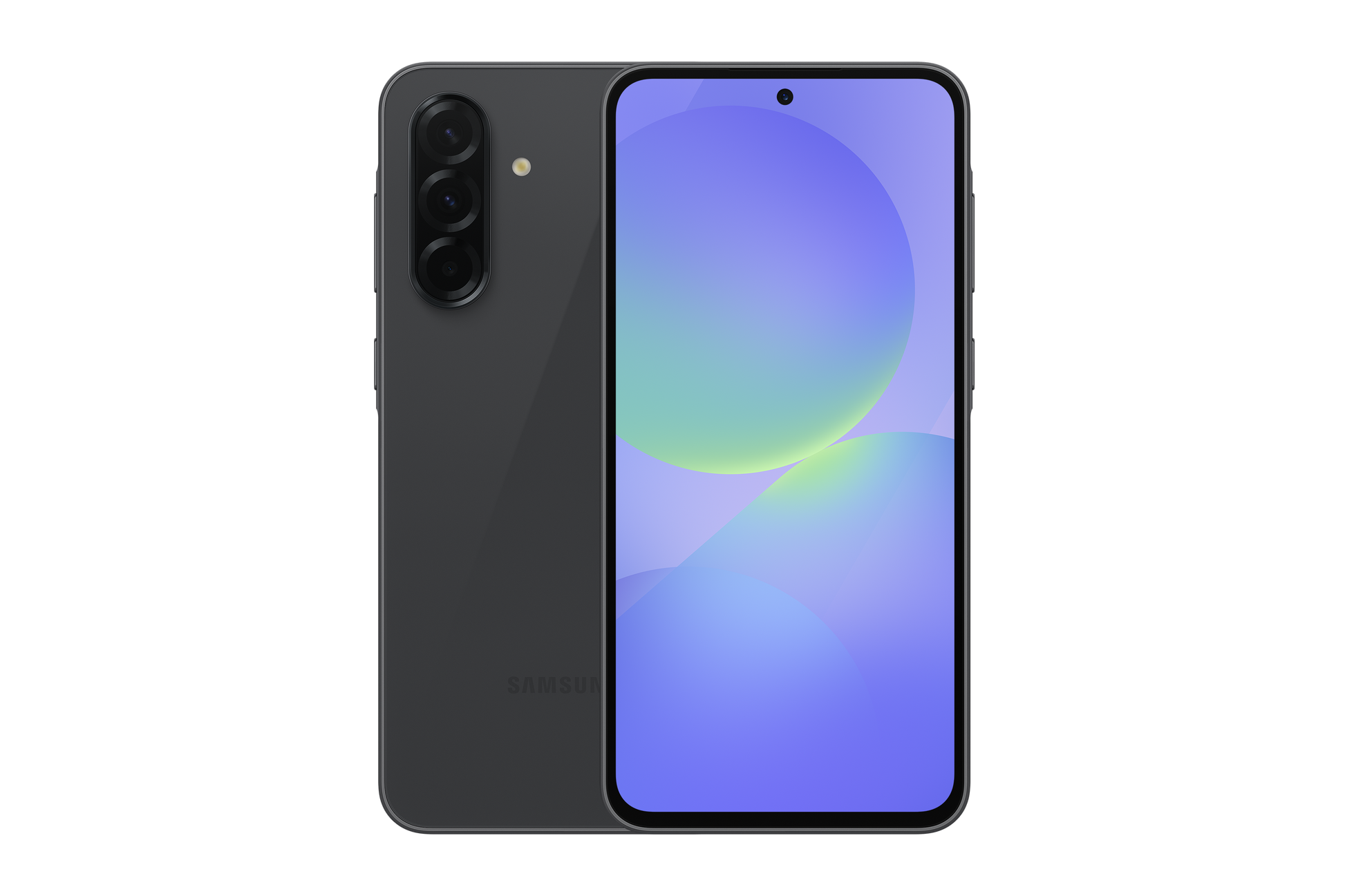 Galaxy A36 5G phone, black front view with colorful display