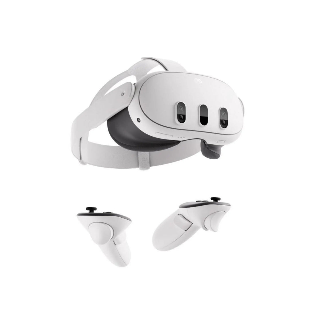 Meta Quest 3 mixed reality VR headset with white head strap and front sensor vents
