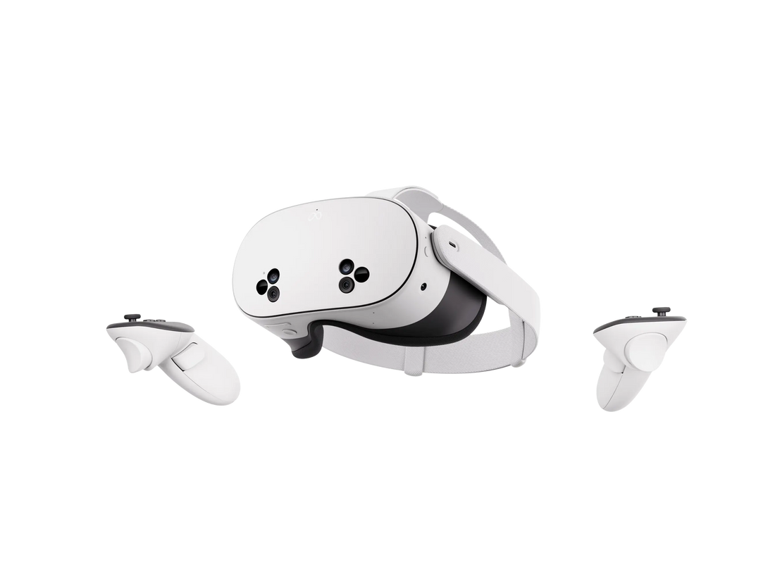 White VR headset with detachable controllers, angled front view