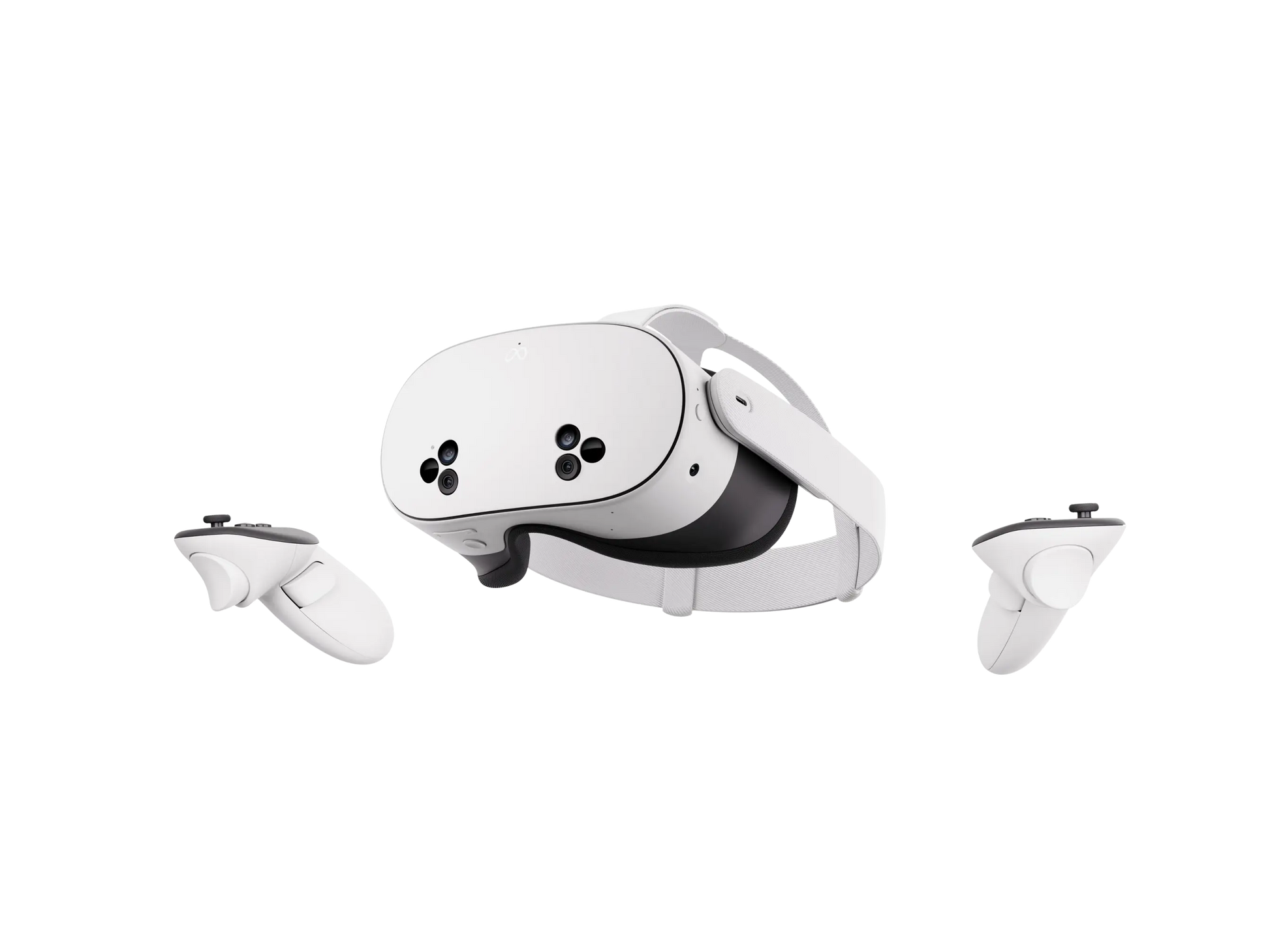 White VR headset with detachable controllers, angled front view