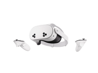 White VR headset with detachable controllers, angled front view