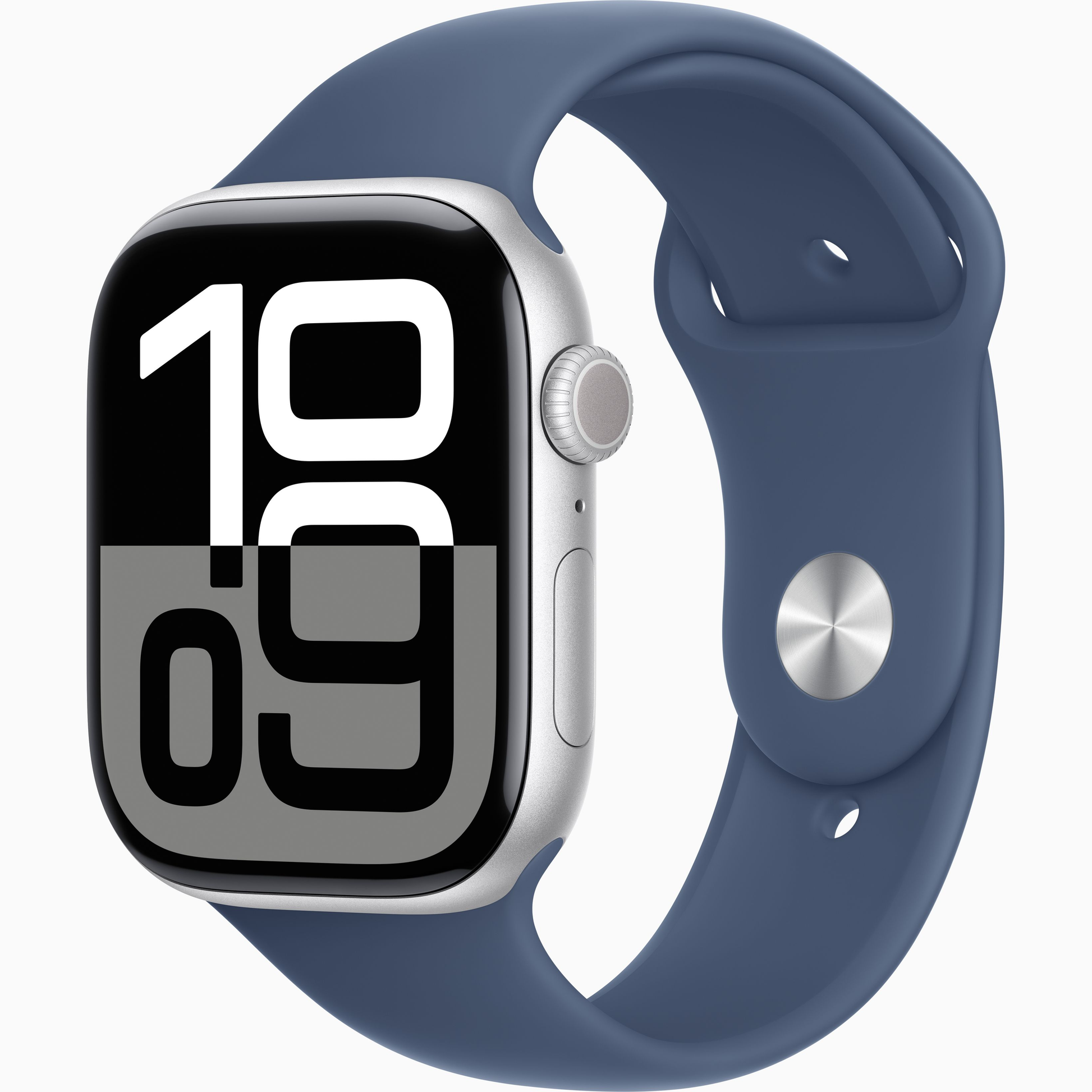 Apple Watch Series 10 with silver aluminum case and blue sport band