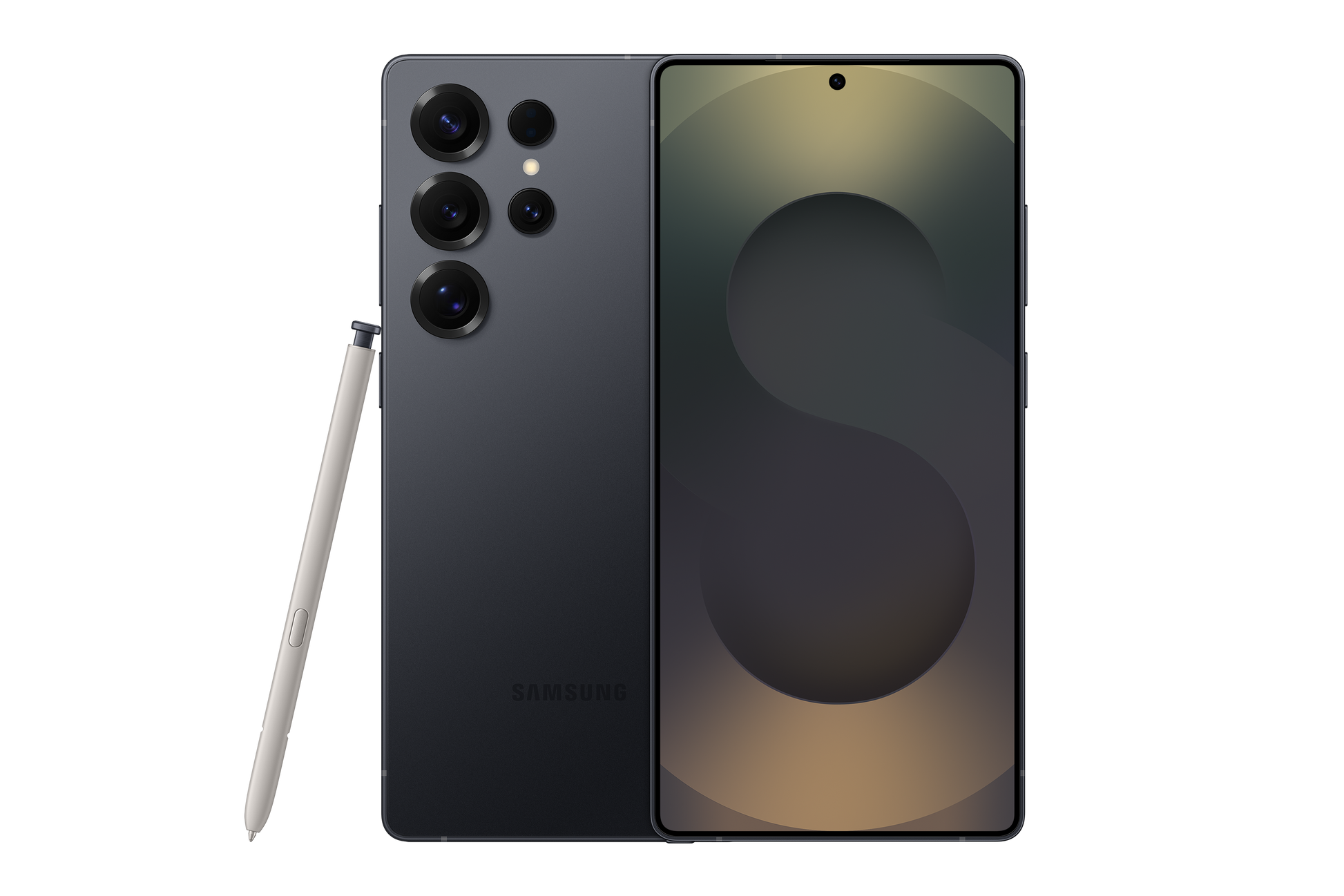 Dark gray Galaxy S25 Ultra with S Pen and front display, quad cameras on the back