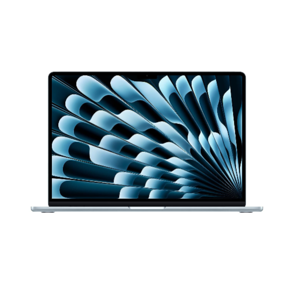 13-inch MacBook Air in Sky Blue, front view with blue abstract display