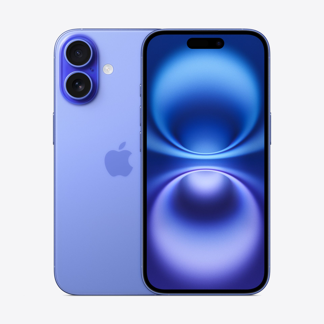 Ultramarine smartphone with dual rear cameras, Apple logo, and front display