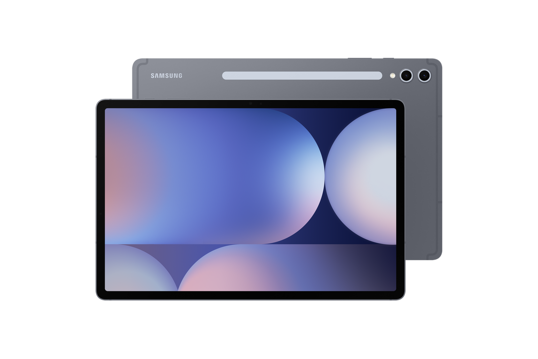 Galaxy Tab S10+ 5G front, blue abstract screen on Moonstone Grey tablet