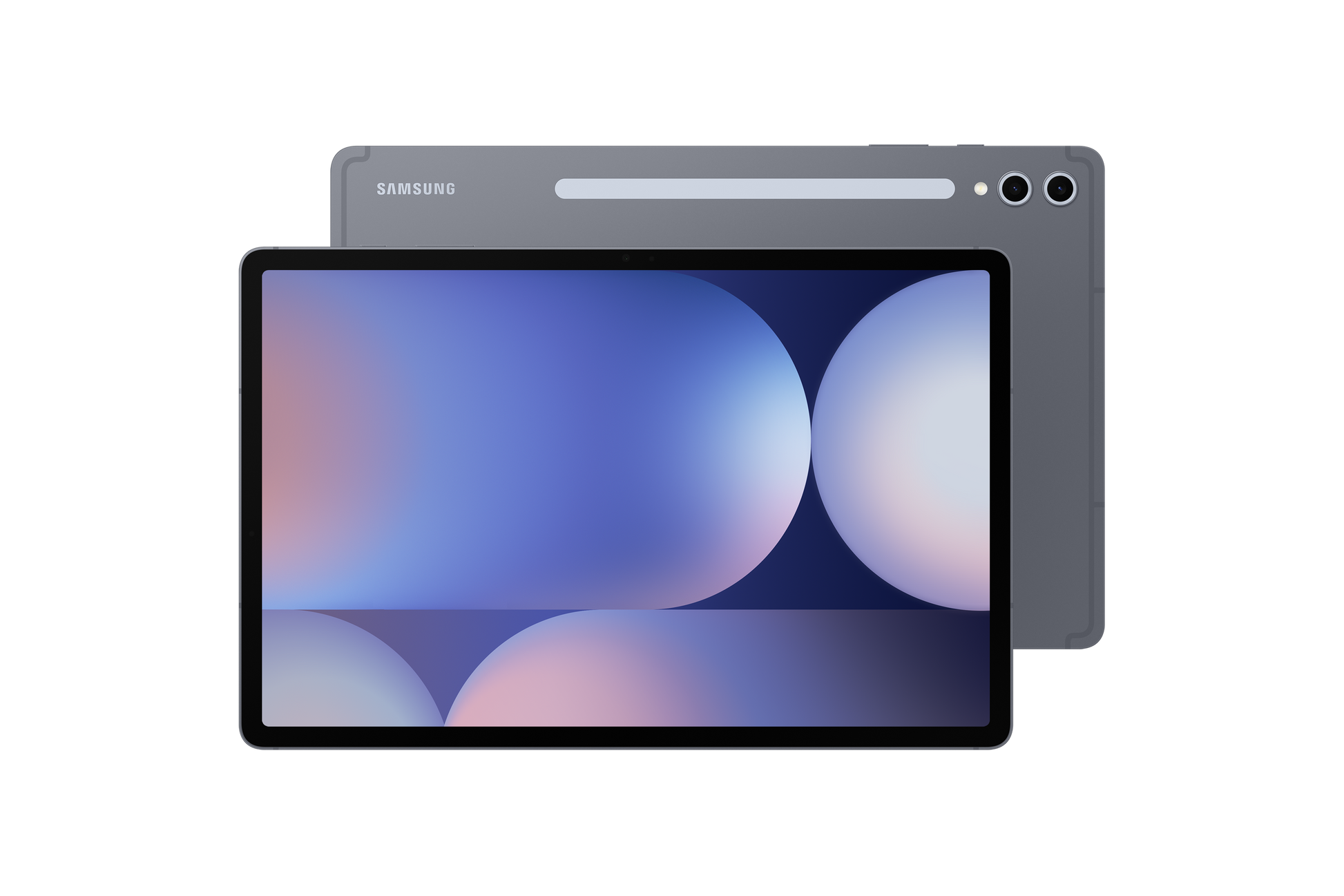 Galaxy Tab S10+ 5G front, blue abstract screen on Moonstone Grey tablet