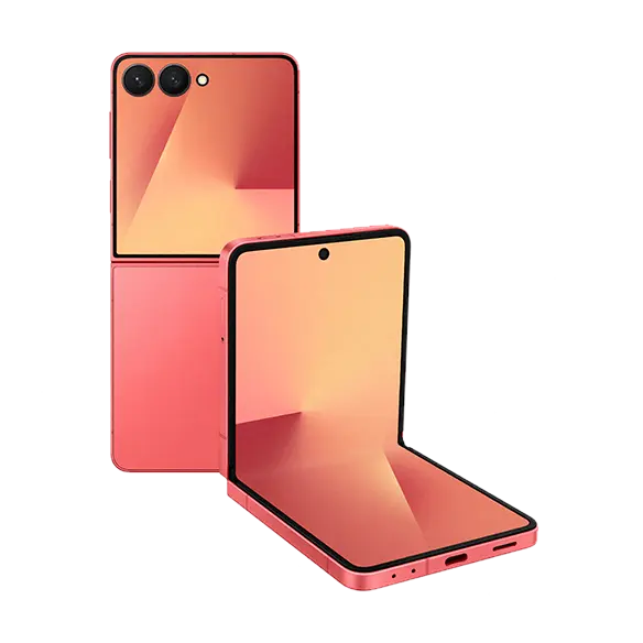 Coral Red foldable smartphone, rear and open front display visible