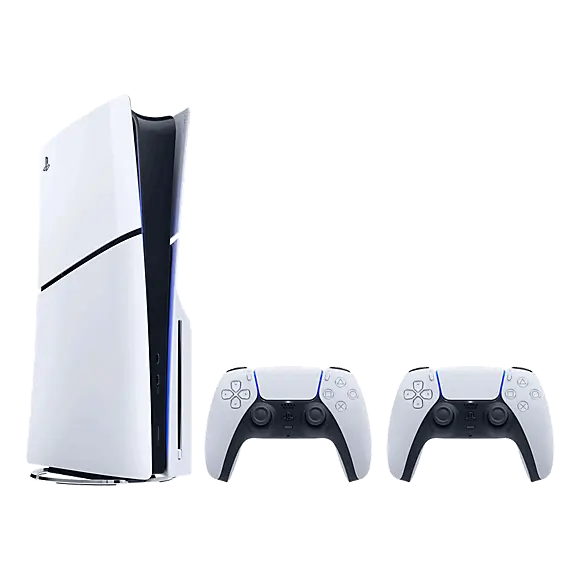 PlayStation 5 Slim console with two white DualSense controllers, angled view