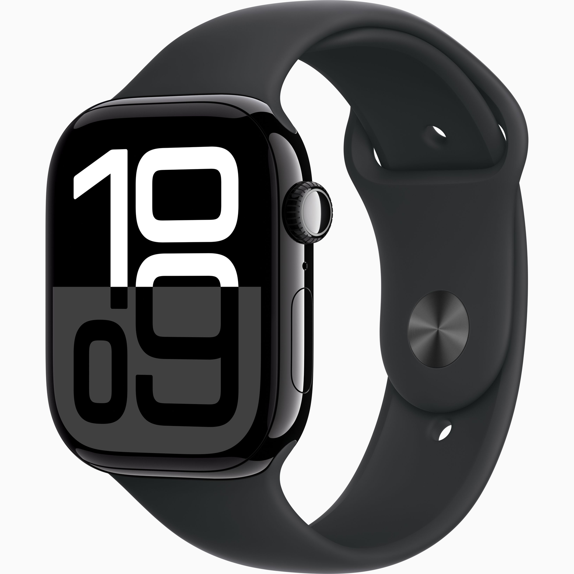 Apple Watch Series 10 with jet black aluminum case and dark gray sport band