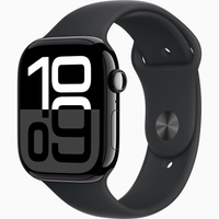 Apple Watch Series 10 with jet black aluminum case and dark gray sport band