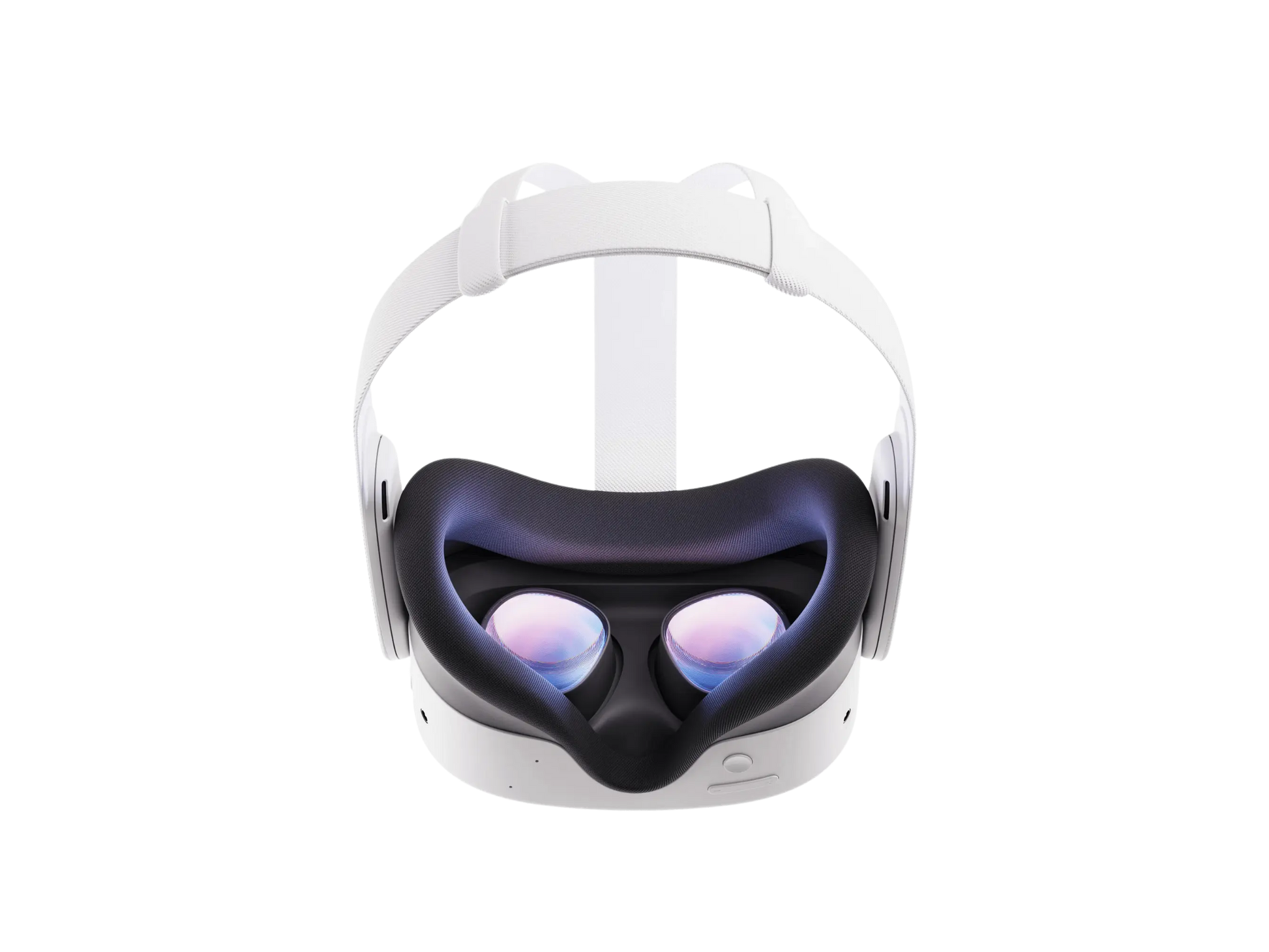 White VR headset with dark facial interface and dual eye lenses, front view