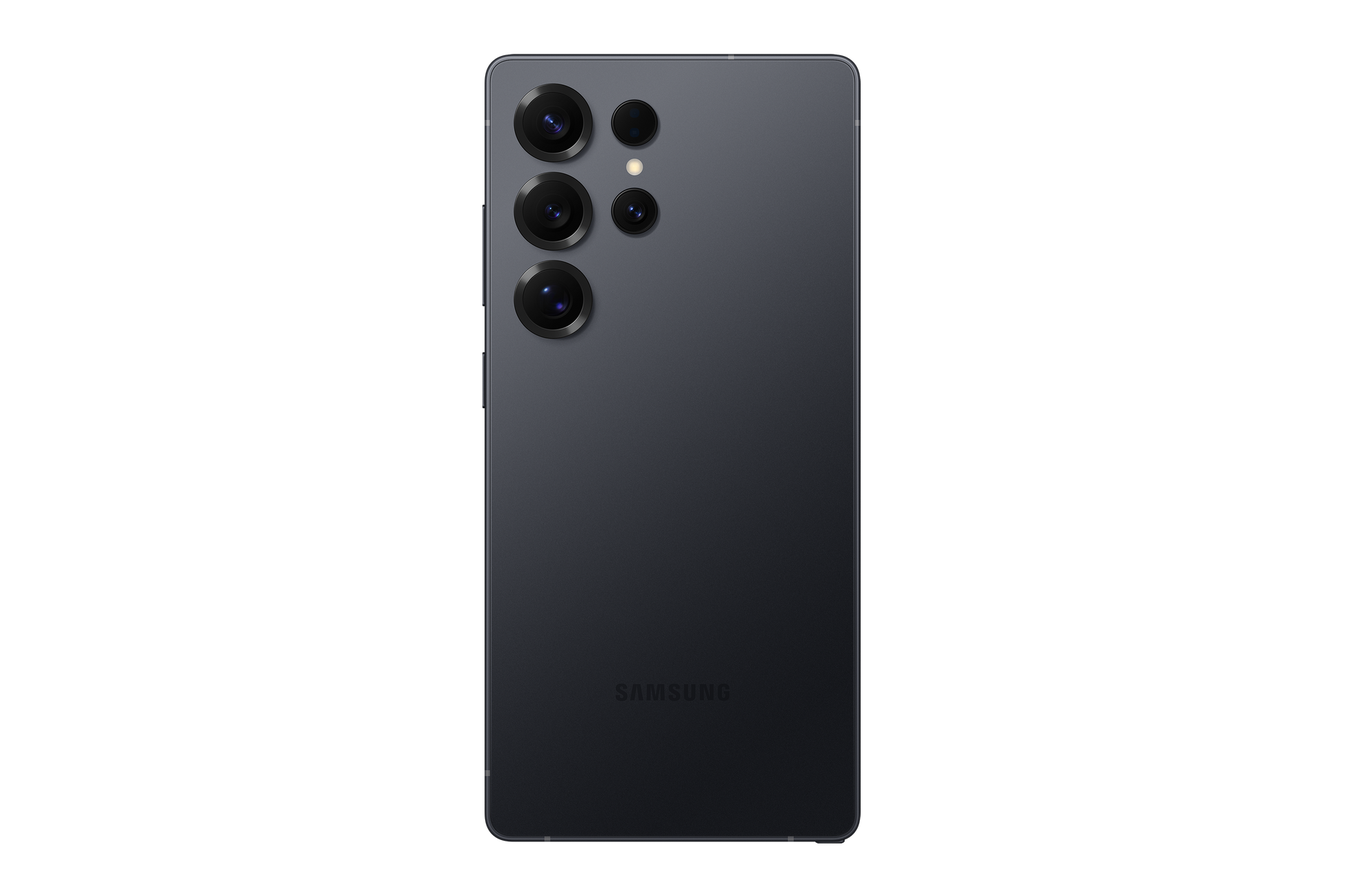 Black Galaxy S25 Ultra rear view with quad camera lenses and curved edges