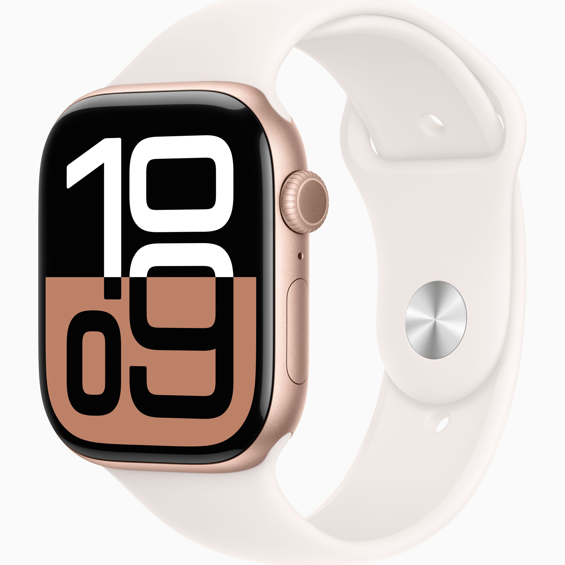 Apple Watch Series 10 with rose gold aluminum case and light white sport band
