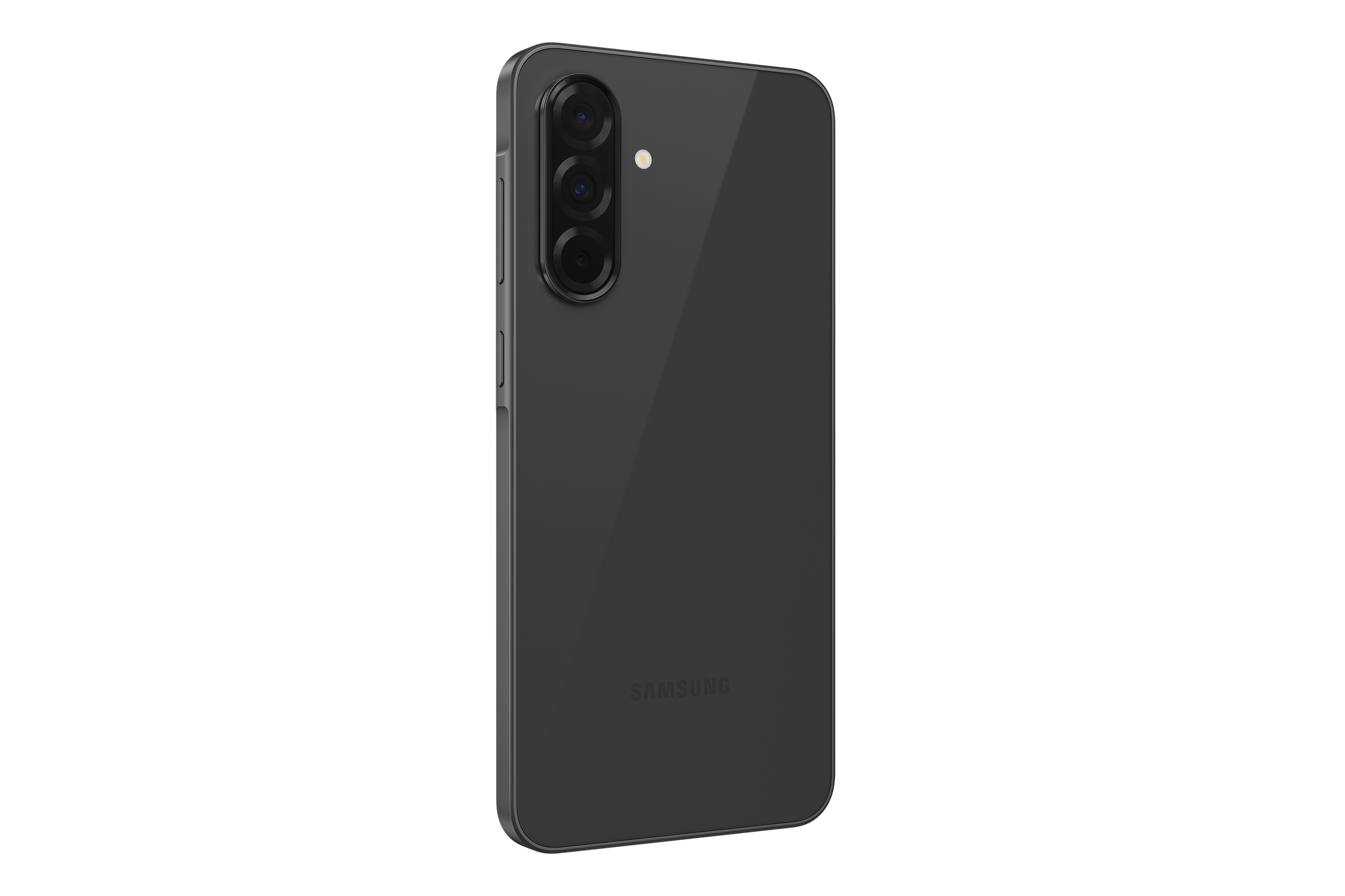 Galaxy A36 5G phone, black back angled view with camera array