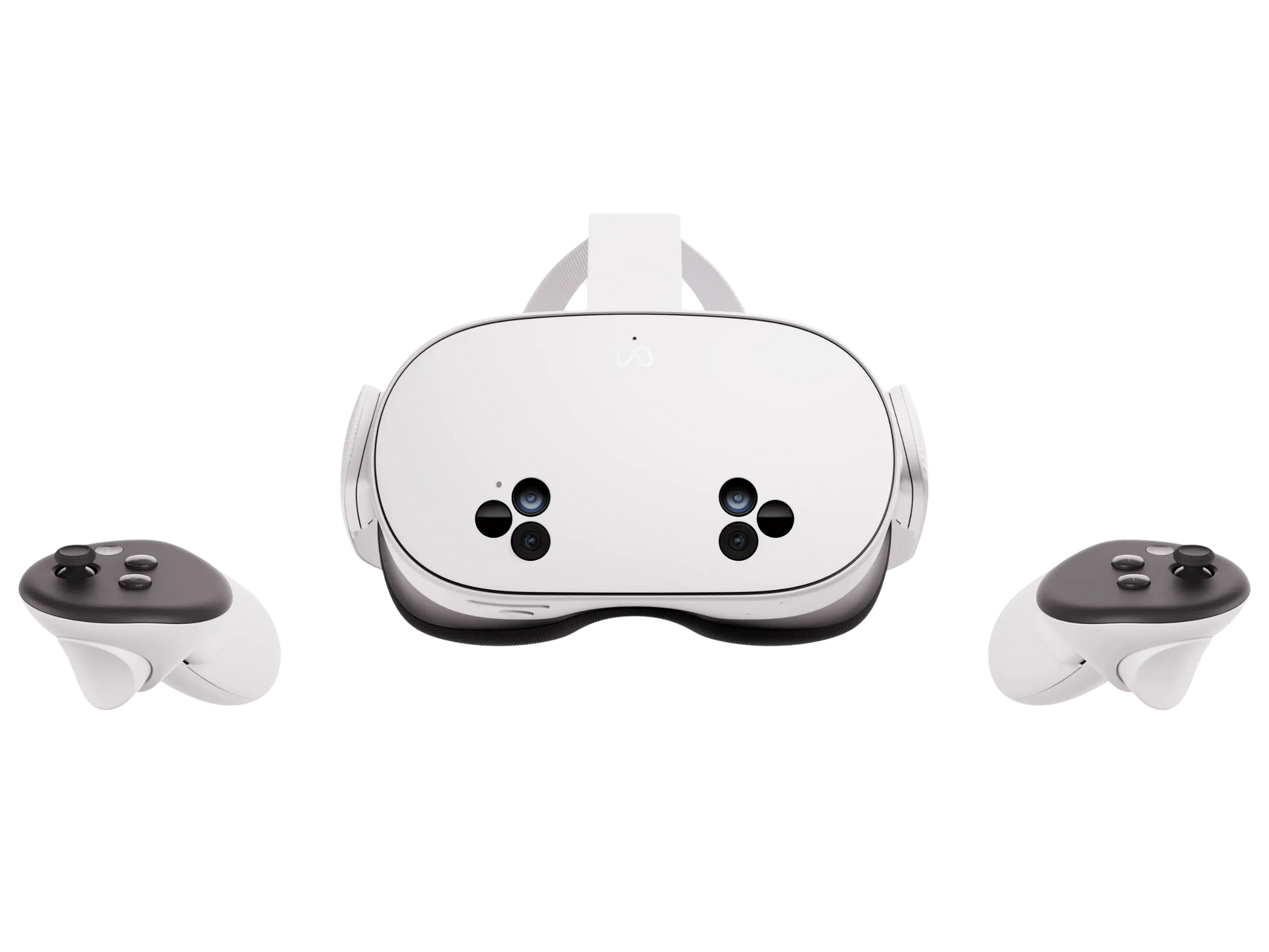 White VR headset with controllers attached, front view with head strap