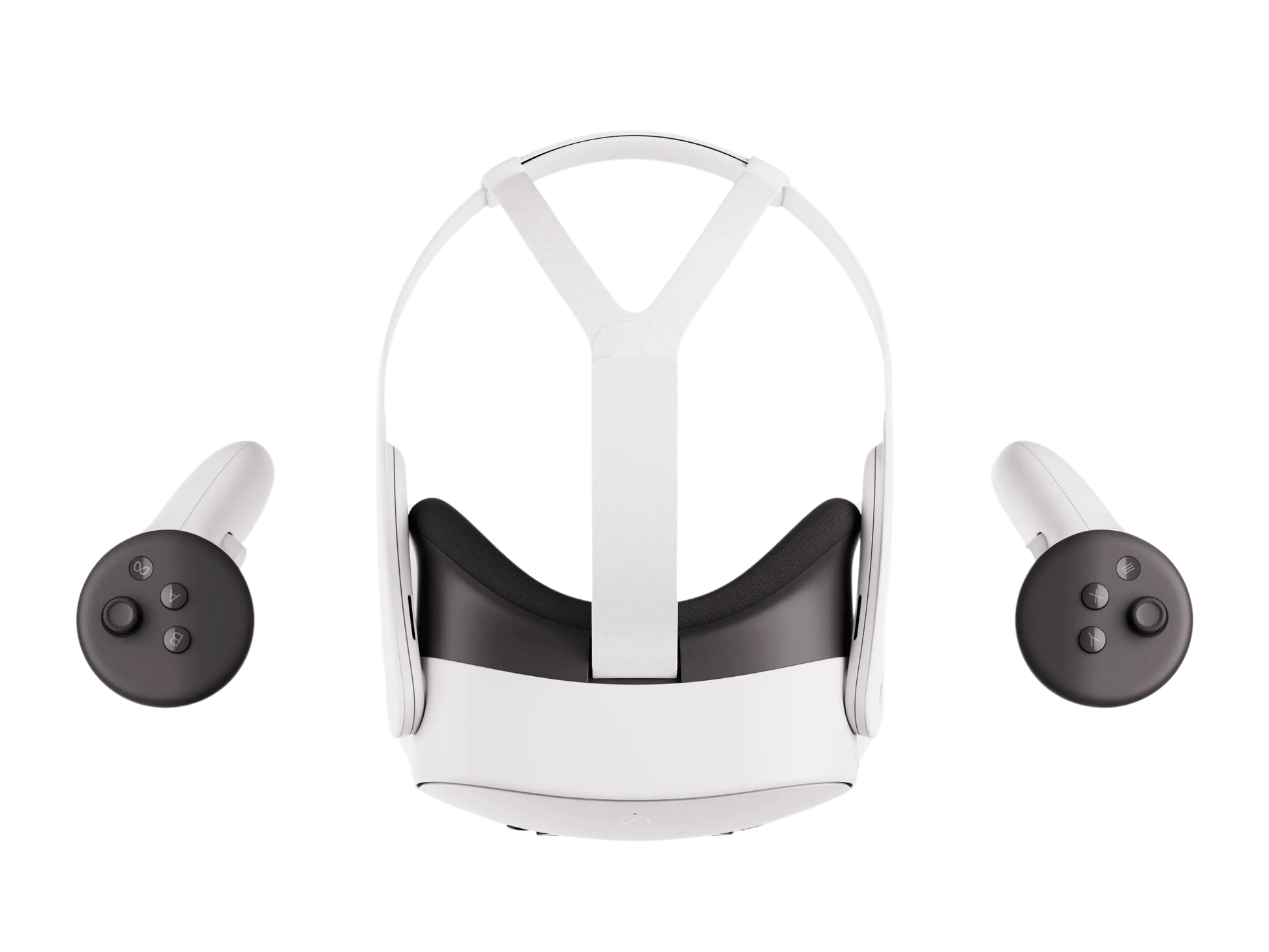 White VR headset with two black controllers attached on the sides
