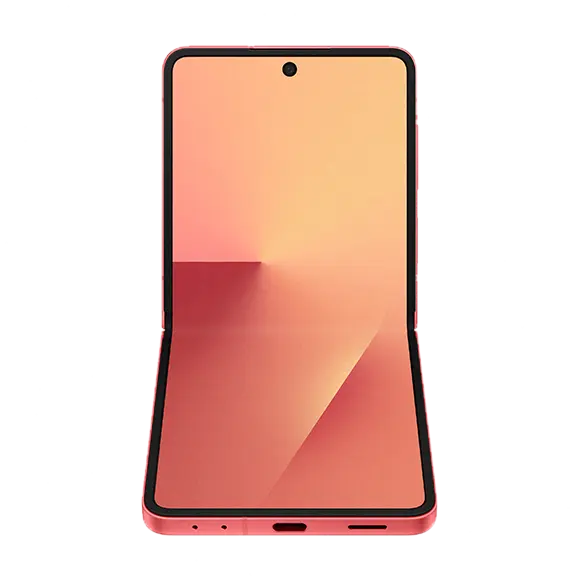 Coral pink foldable smartphone with dual rear cameras