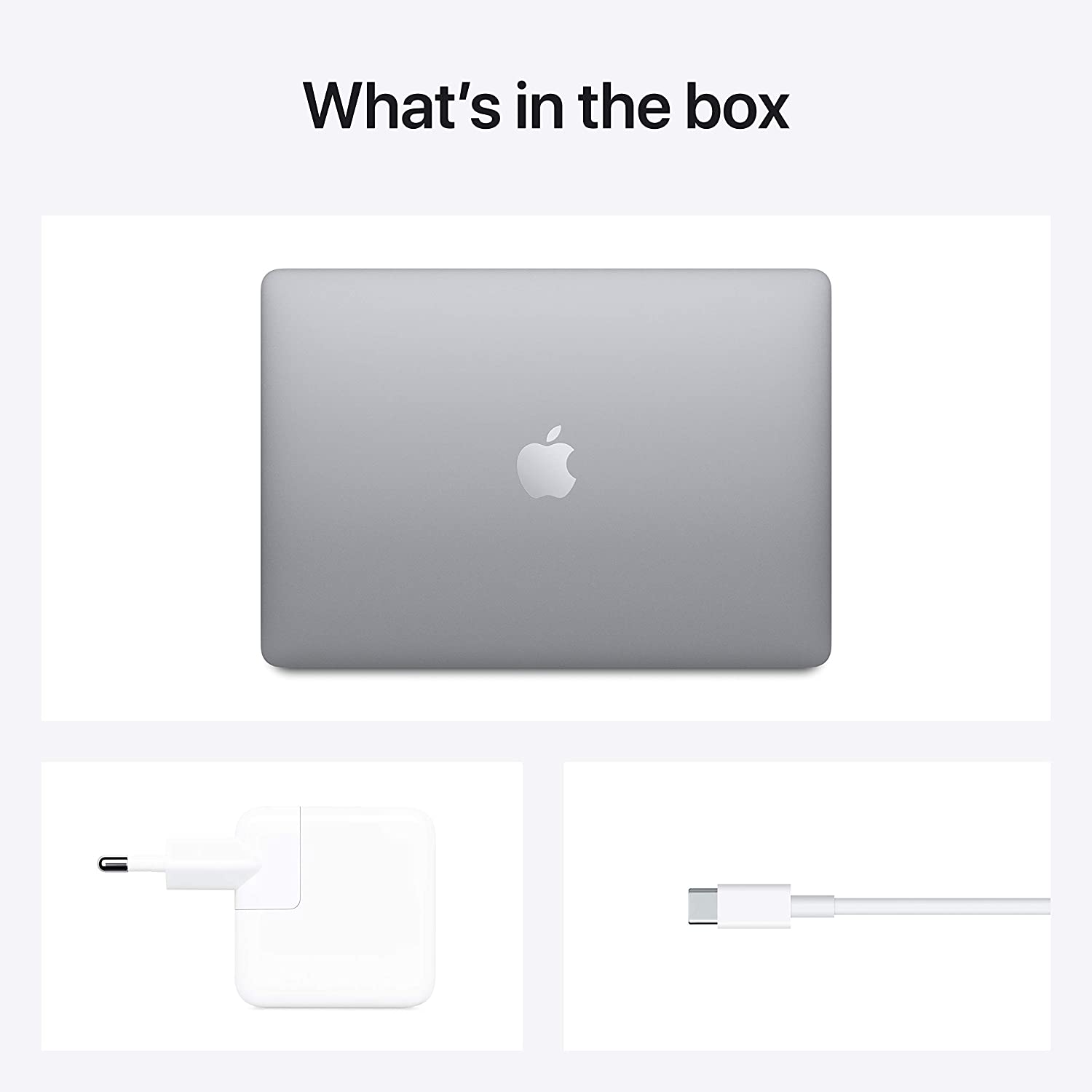 MacBook Air “What’s in the box” with laptop back and charging accessories