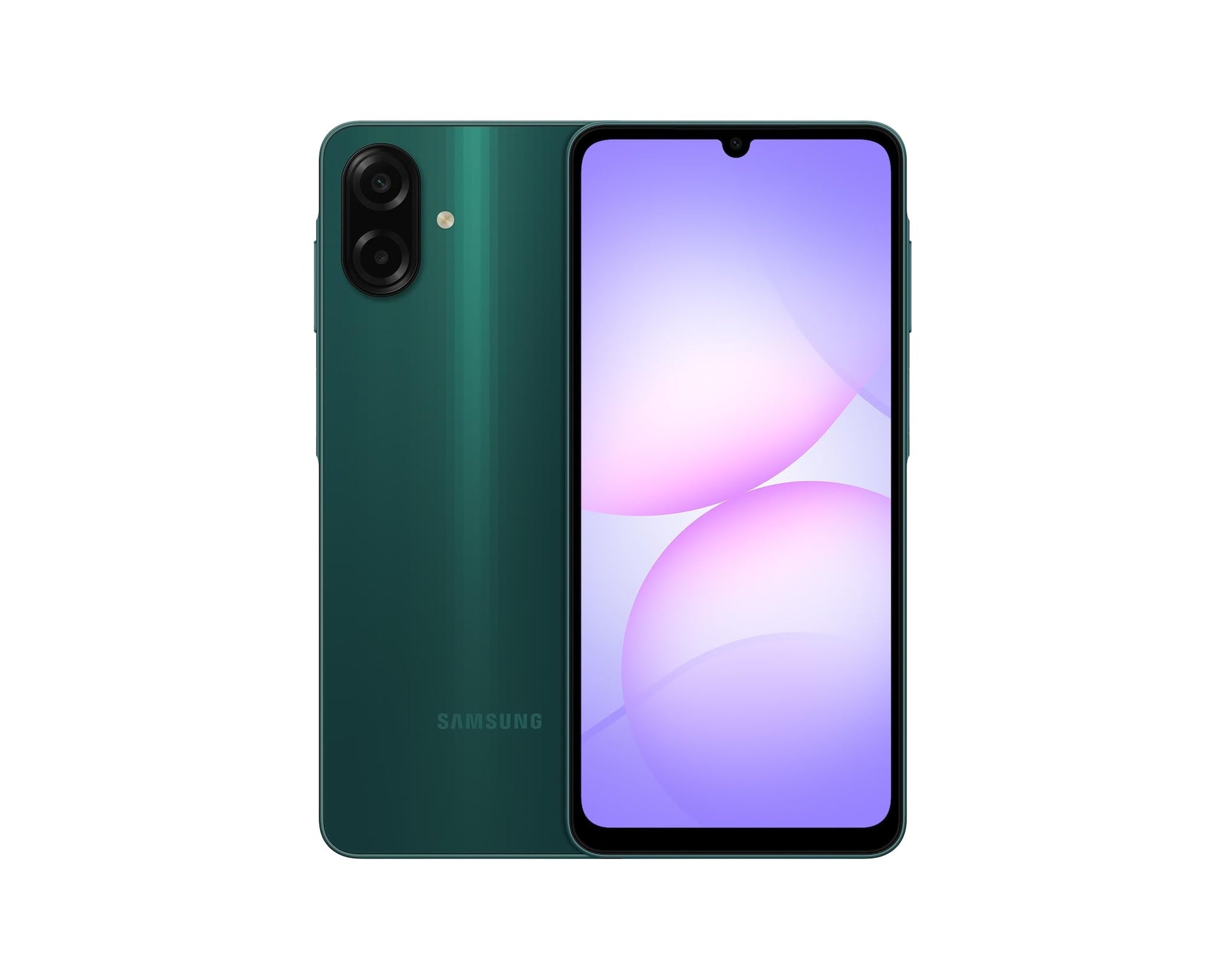 Galaxy A07 smartphone in green, front display and rear dual camera module