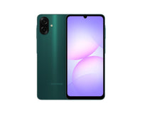 Galaxy A07 smartphone in green, front display and rear dual camera module