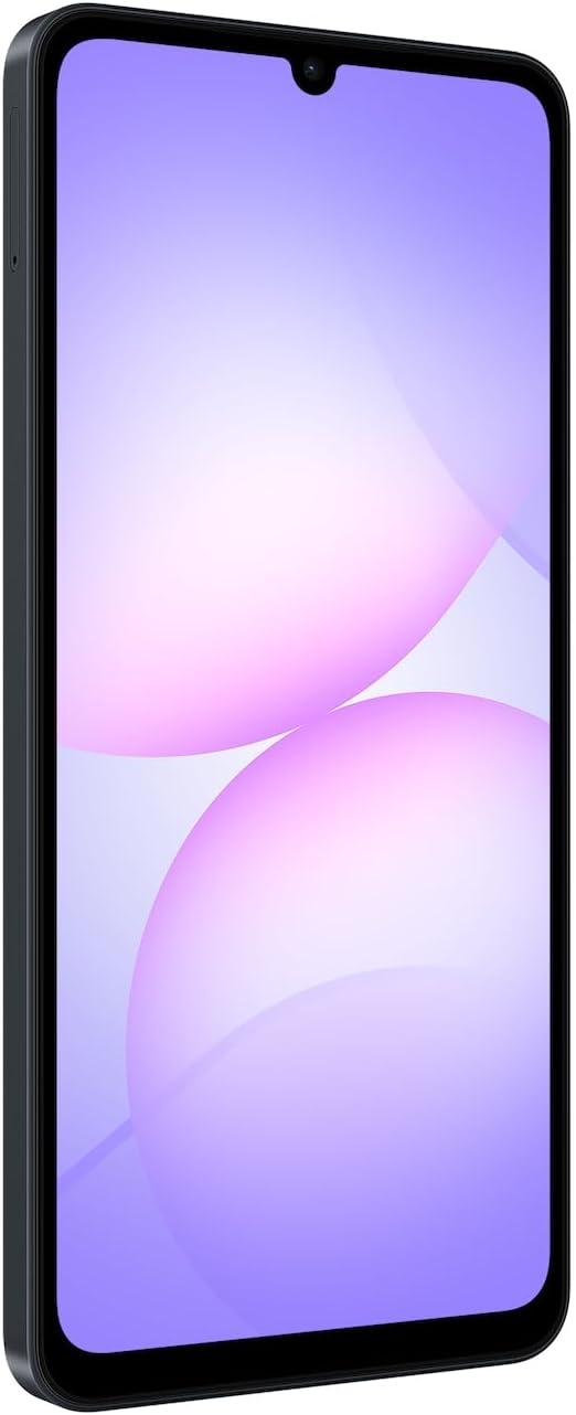 Galaxy A07 front view, violet screen with rounded corners and notch