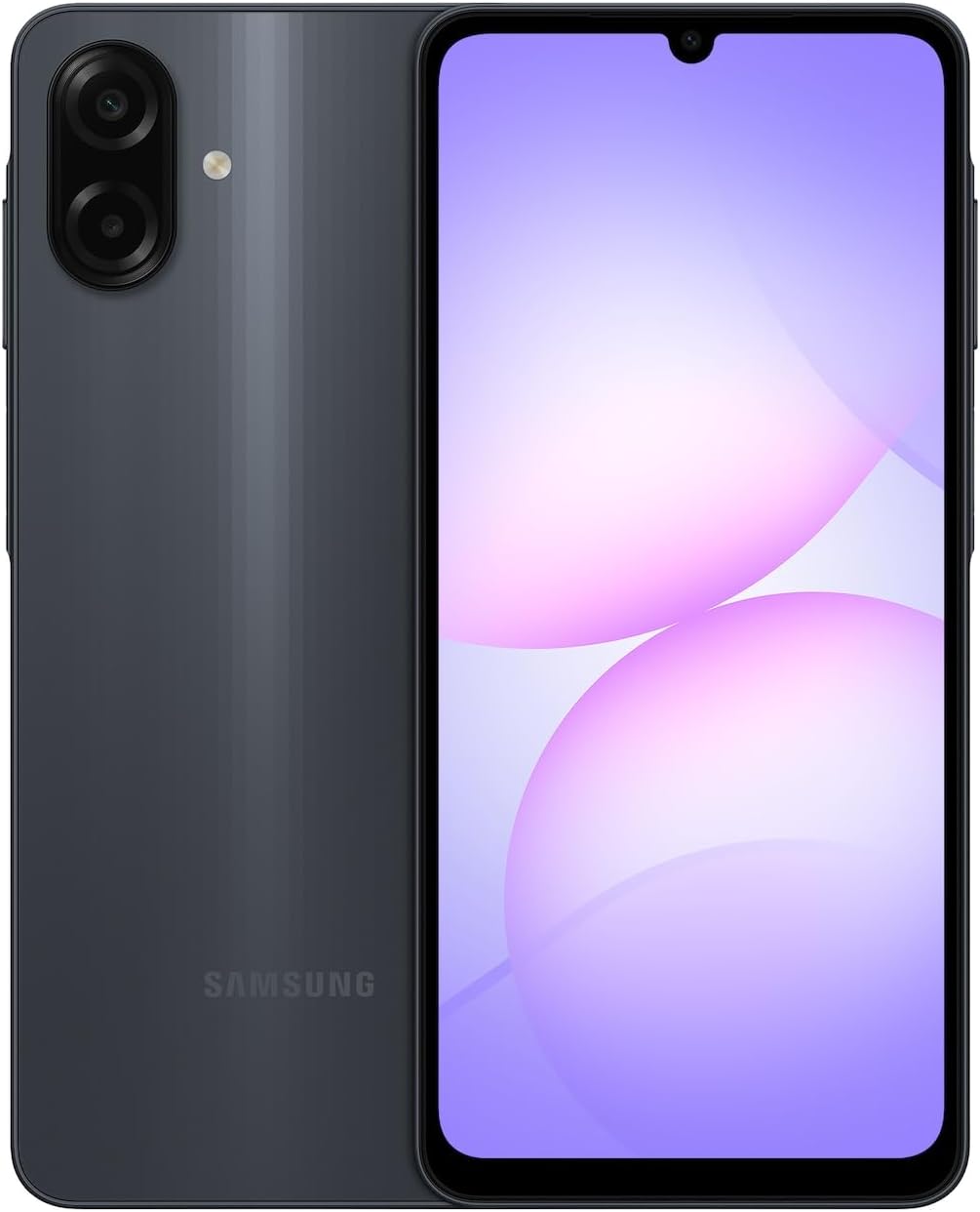 Galaxy A07 front and back, black phone with violet-themed display