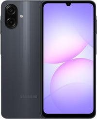 Galaxy A07 front and back, black phone with violet-themed display