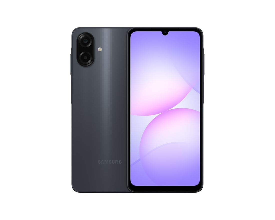 Galaxy A07 smartphone, black back with dual rear cameras and front display