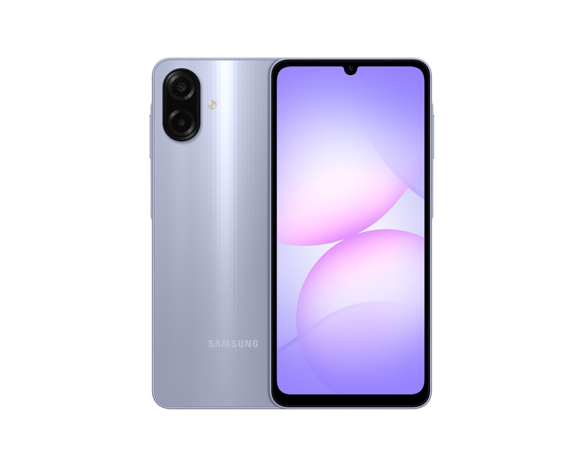 Galaxy A07 smartphone in light violet, front screen and back dual cameras