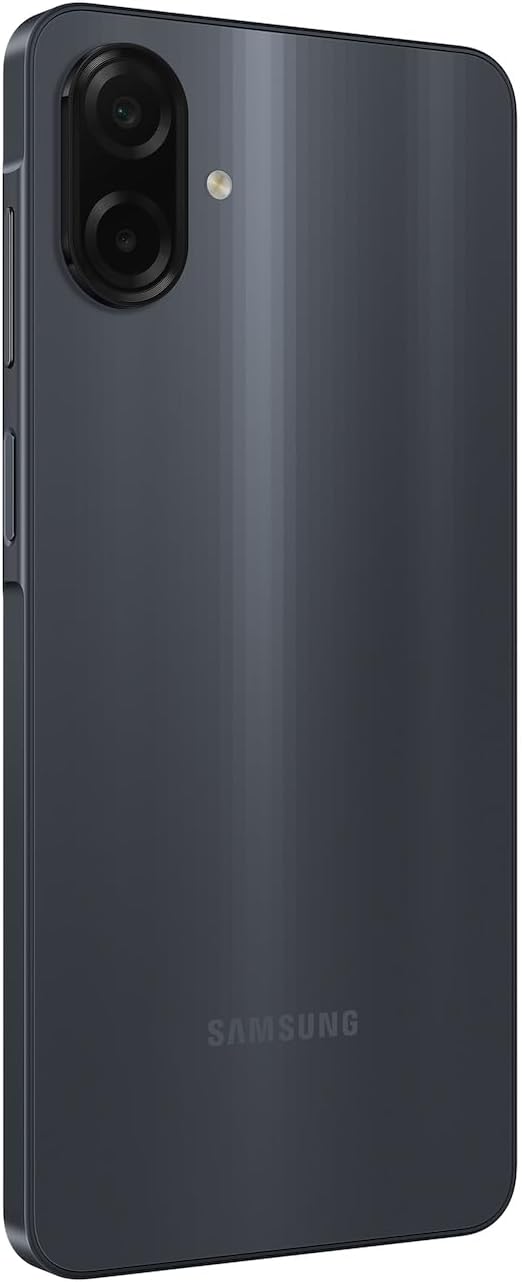 Galaxy A07 back view, black smartphone with dual camera module