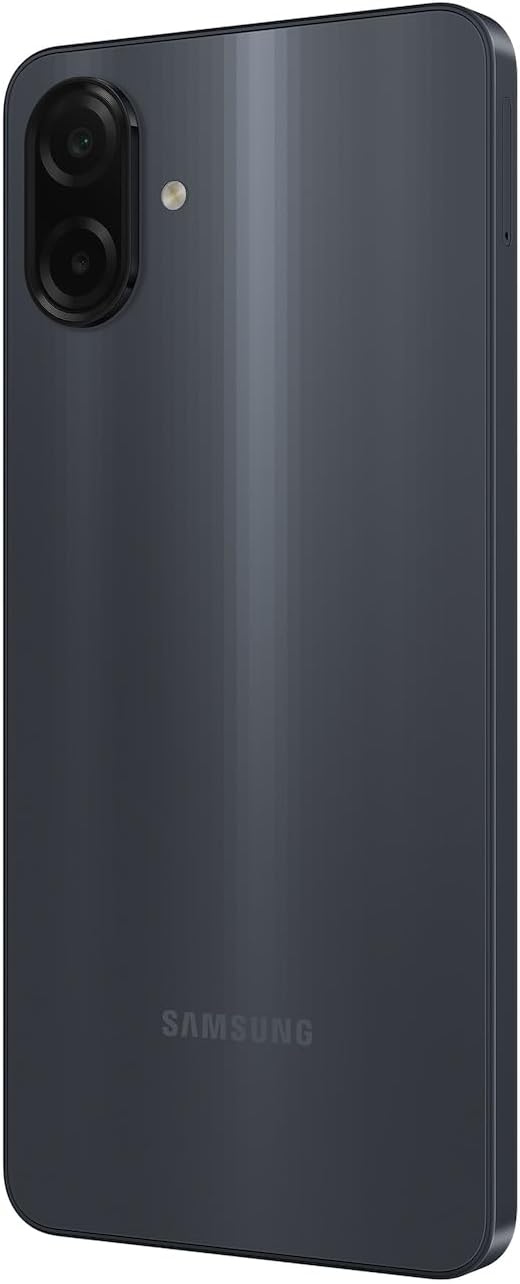 Galaxy A07 rear view, dark black body with dual camera lenses