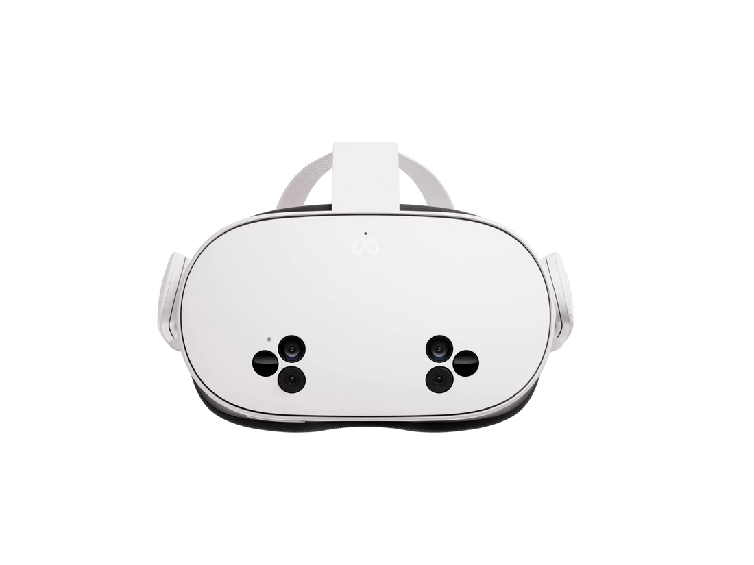 White VR headset front view with built-in camera module and head strap