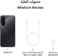 Galaxy A17 LTE box contents: phone, Type-C to Type-C cable, and SIM ejector pin