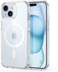 Clear MagSafe iPhone 15 case with Apple logo panel and dual camera openings, front cover fit