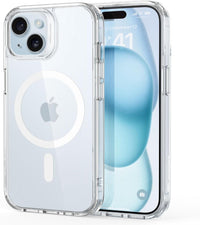 Clear MagSafe iPhone 15 case with MagSafe ring detail, raised phone edges, dual camera cutouts