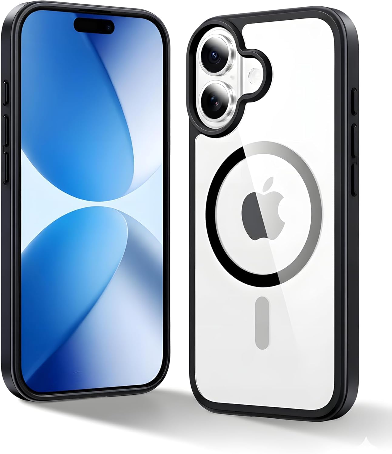 Front and back view: clear phone case with black bumper and MagSafe ring