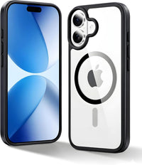 Front and back view: clear phone case with black bumper and MagSafe ring